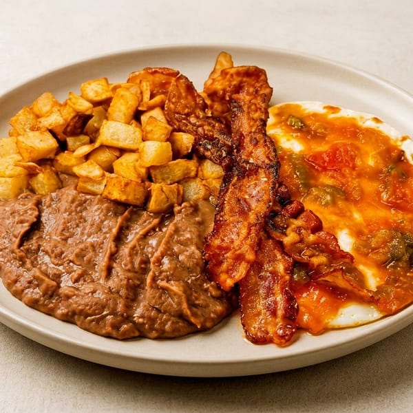 Plate of refried beans, crispy breakfast potatoes, bacon, and eggs topped with red salsa.
