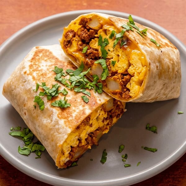 Two toasted burritos filled with seasoned beef, scrambled eggs, potatoes, and cheese, garnished with cilantro on a gray plate.