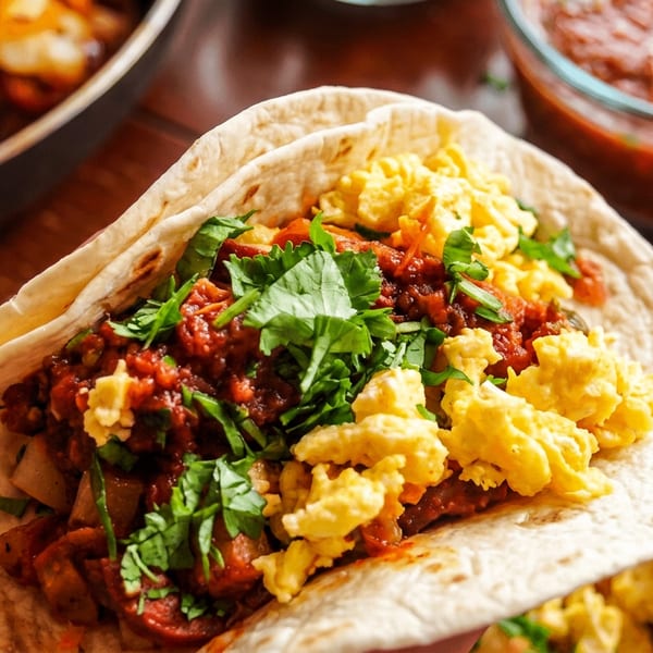 Breakfast burrito filled with scrambled eggs, spicy beans, roasted vegetables, and fresh cilantro, surrounded by bowls of food.