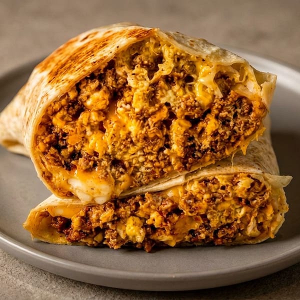 Two toasted burritos filled with seasoned ground beef and melted cheese, stacked on a gray plate.