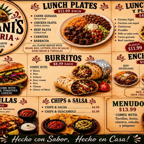 Kailani’s Taqueria menu board displaying tacos, burritos, enchiladas, quesadillas, tortas, chips with salsa, and menudo.