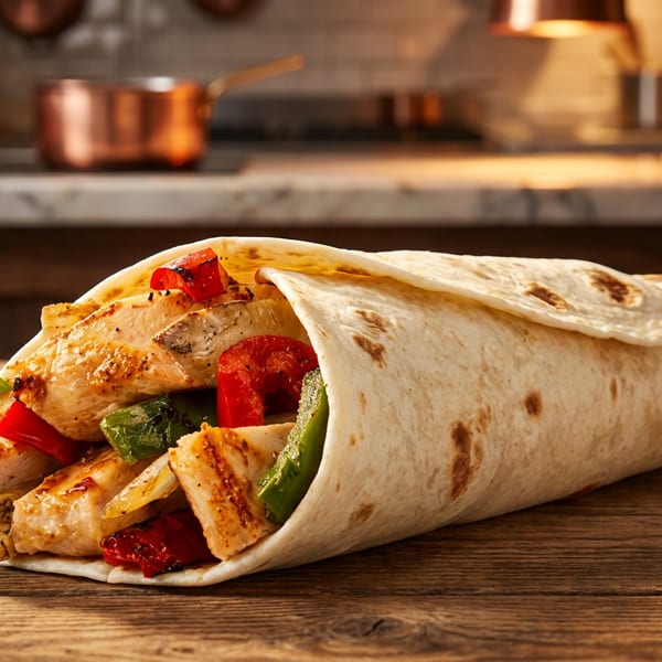 Grilled chicken wrap filled with red and green peppers on a wooden table in a warmly lit kitchen.