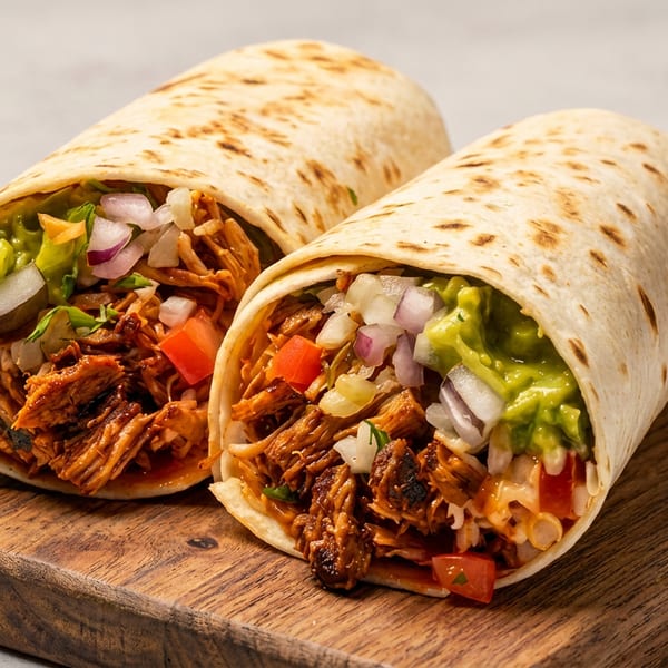 Two toasted burritos filled with shredded meat, guacamole, diced onions, tomatoes, and cheese on a wooden serving board.