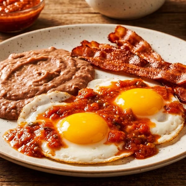 Mexican-style breakfast with fried eggs in tomato salsa, refried beans, crispy bacon, tortillas, and cilantro on a rustic table.