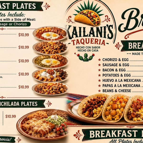 Vintage-style Kailani’s Taqueria breakfast menu featuring Mexican breakfast plates, tacos, enchiladas, and coffee.