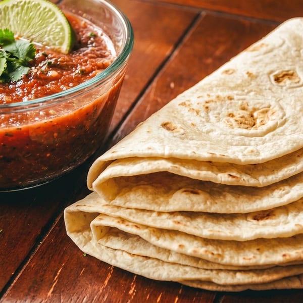 Stack of toasted flour tortillas beside a bowl of red salsa garnished with cilantro and lime on a wooden table.