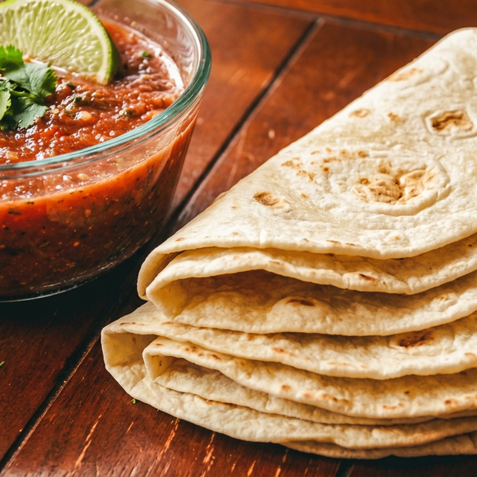 Stack of flour tortillas beside a glass bowl of red salsa garnished with cilantro and lime on a wooden table.